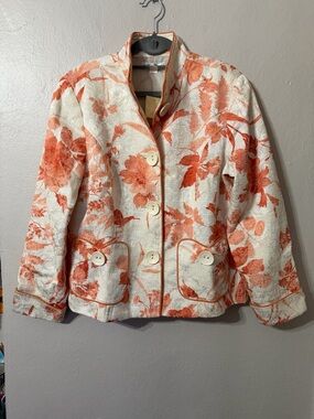 Coldwater Creek Floral Jacquard Blazer Women P12 Orange Cream Mandarin Collar